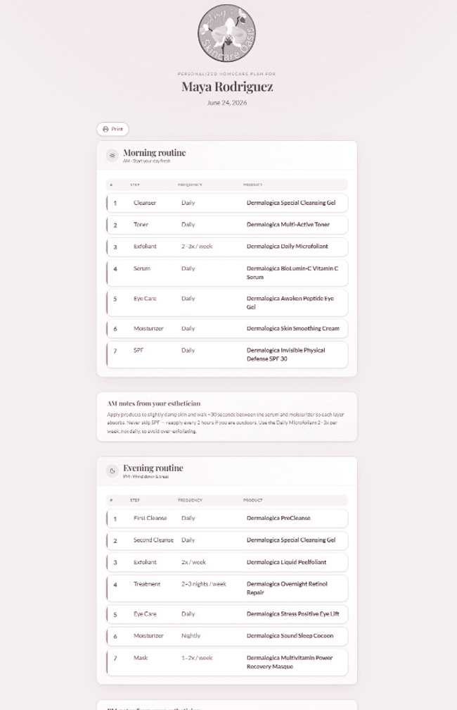 Personalized homecare routine delivered through Amy's client app